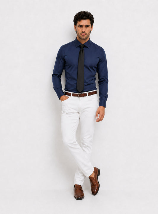 Dark Blue Cotton Satin Classic Formal Shirt