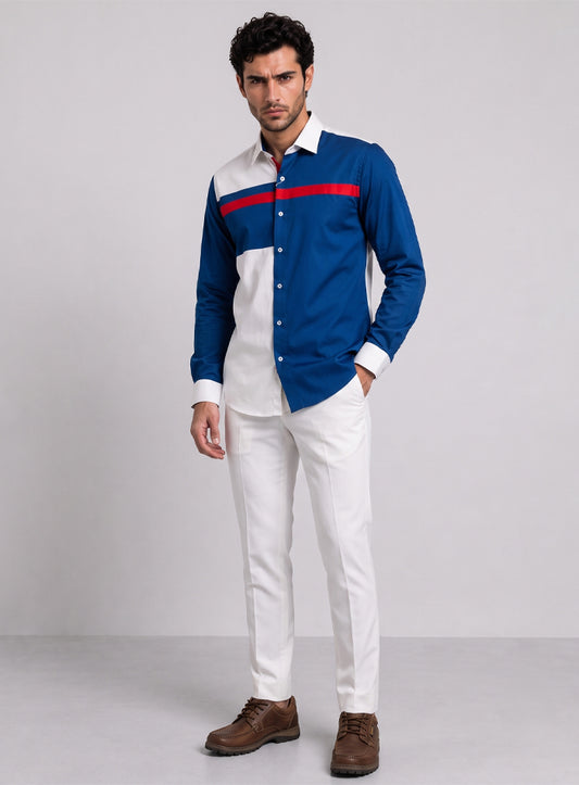 Royal Blue Cotton Satin Lounge Shirt With White Mix-Match Design