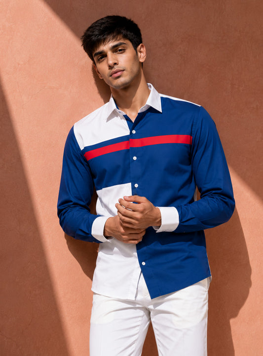 Royal Blue Cotton Satin Lounge Shirt With White Mix-Match Design