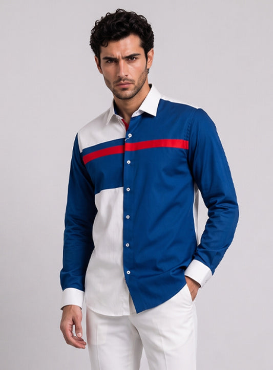 Royal Blue Cotton Satin Lounge Shirt With White Mix-Match Design