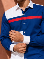 Royal Blue Cotton Satin Lounge Shirt With White Mix-Match Design