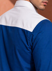 Royal Blue Cotton Satin Lounge Shirt With White Mix-Match Design