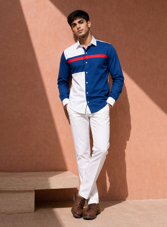 Royal Blue Cotton Satin Lounge Shirt With White Mix-Match Design