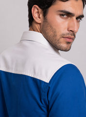 Royal Blue Cotton Satin Lounge Shirt With White Mix-Match Design