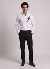 White Cotton Satin Lounge Shirt With Beads Hand Embroidery