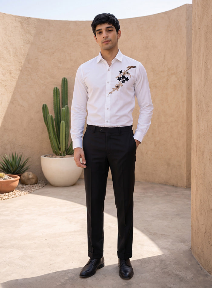 White Cotton Satin Lounge Shirt With Beads Hand Embroidery