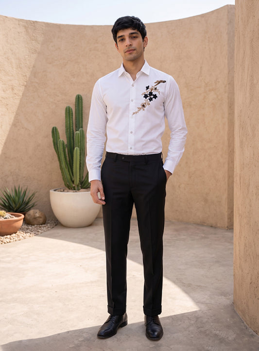 White Cotton Satin Lounge Shirt With Beads Hand Embroidery