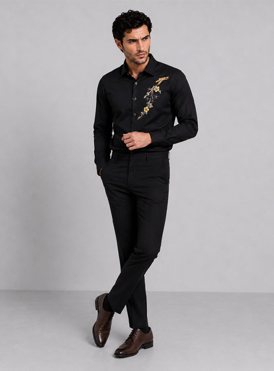 Black Cotton Satin Lounge Shirt With Hand Embroidery & Exquisite Buttons