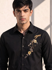 Black Cotton Satin Lounge Shirt With Hand Embroidery & Exquisite Buttons