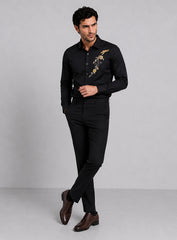 Black Cotton Satin Lounge Shirt With Hand Embroidery & Exquisite Buttons