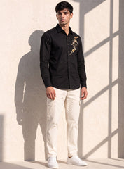 Black Cotton Satin Lounge Shirt With Hand Embroidery & Exquisite Buttons