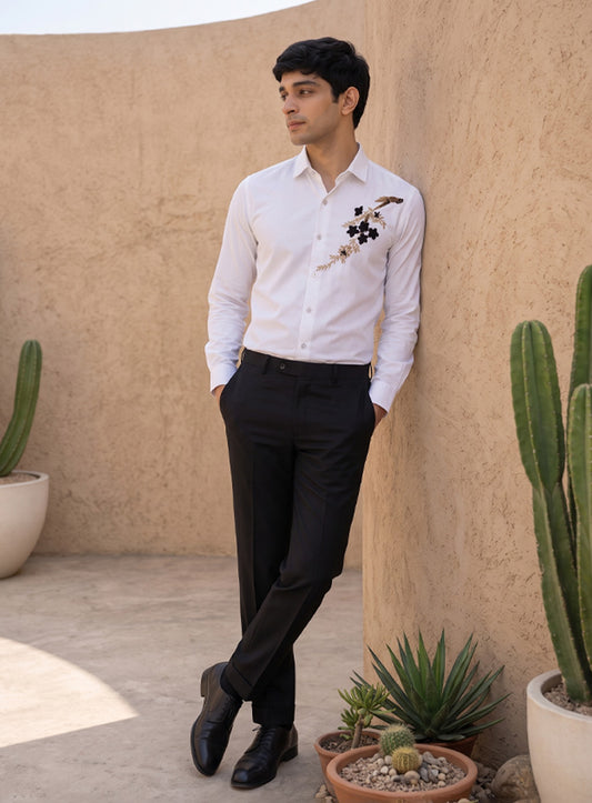 White Cotton Satin Lounge Shirt With Beads Hand Embroidery