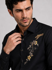 Black Cotton Satin Lounge Shirt With Hand Embroidery & Exquisite Buttons