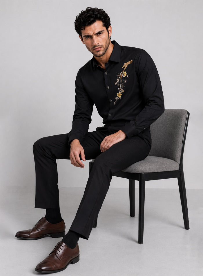 Black Cotton Satin Lounge Shirt With Hand Embroidery & Exquisite Buttons