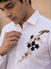 White Cotton Satin Lounge Shirt With Beads Hand Embroidery