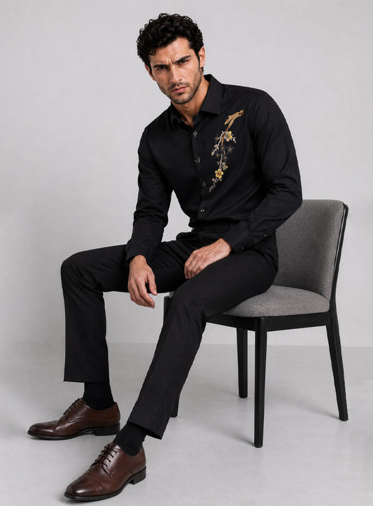 Black Cotton Satin Lounge Shirt With Hand Embroidery & Exquisite Buttons