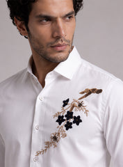 White Cotton Satin Lounge Shirt With Beads Hand Embroidery
