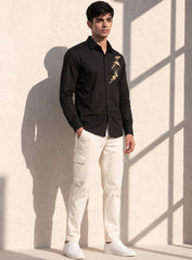 Black Cotton Satin Lounge Shirt With Hand Embroidery & Exquisite Buttons