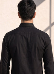 Black Cotton Satin Lounge Shirt With Hand Embroidery & Exquisite Buttons