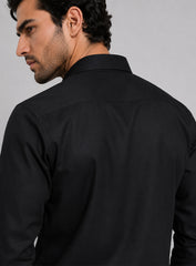 Black Cotton Satin Lounge Shirt With Hand Embroidery & Exquisite Buttons