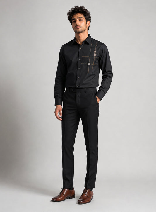 Black Cotton Satin Lounge Shirt With Metallic Hand Embroidery