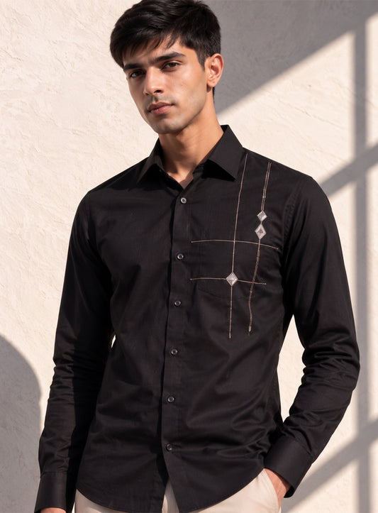 Black Cotton Satin Lounge Shirt With Metallic Hand Embroidery