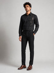 Black Cotton Satin Lounge Shirt With Metallic Hand Embroidery