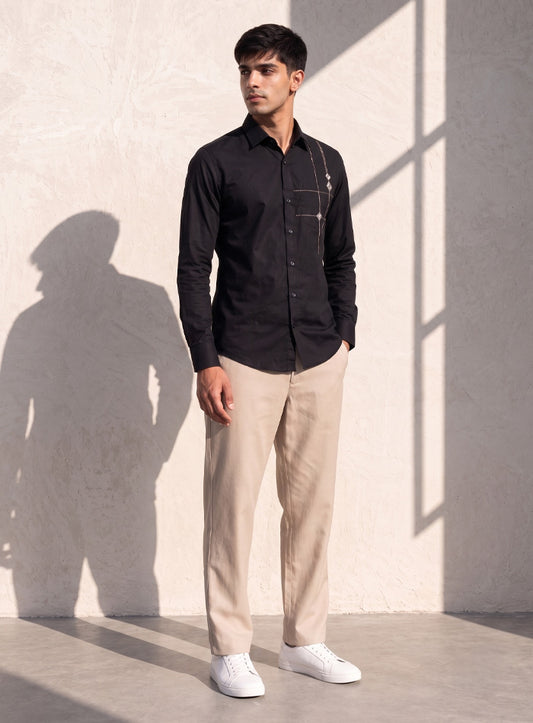 Black Cotton Satin Lounge Shirt With Metallic Hand Embroidery