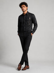 Black Cotton Satin Lounge Shirt With Metallic Hand Embroidery
