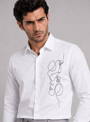 White Cotton Satin Lounge Shirt With Abstract Thread Hand Embroidery