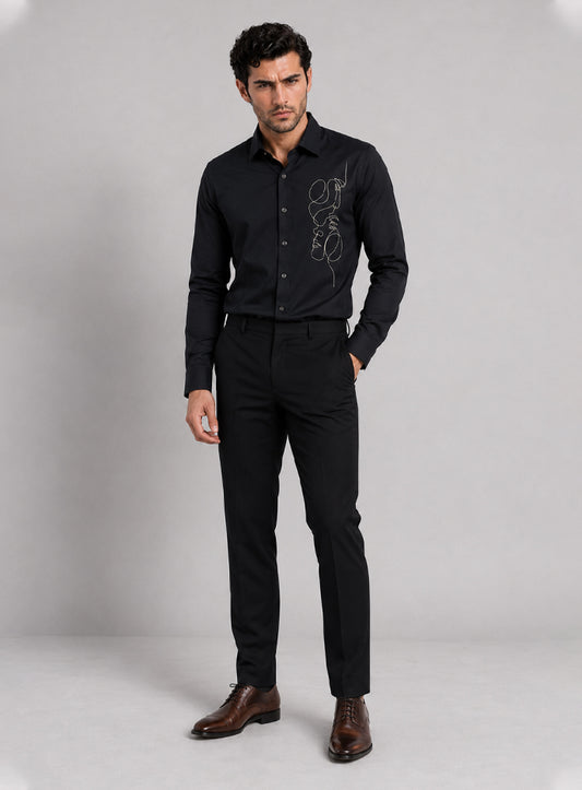 Black Cotton Satin Lounge Shirt With Abstract Thread Hand Embroidery