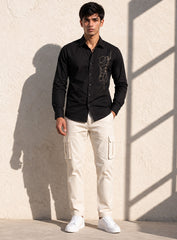 Black Cotton Satin Lounge Shirt With Abstract Thread Hand Embroidery