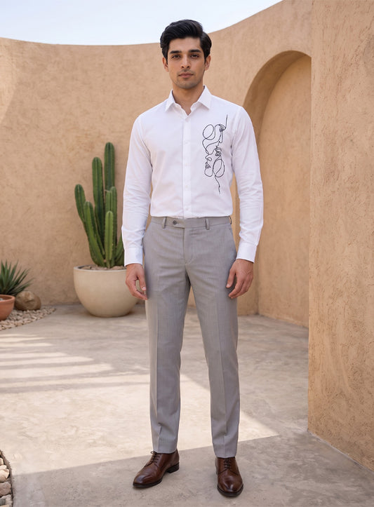 White Cotton Satin Lounge Shirt With Abstract Thread Hand Embroidery