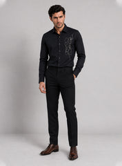 Black Cotton Satin Lounge Shirt With Abstract Thread Hand Embroidery