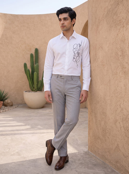 White Cotton Satin Lounge Shirt With Abstract Thread Hand Embroidery