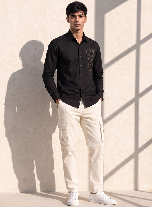 Black Cotton Satin Lounge Shirt With Abstract Thread Hand Embroidery