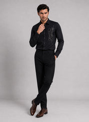 Black Cotton Satin Lounge Shirt With Abstract Thread Hand Embroidery