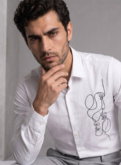 White Cotton Satin Lounge Shirt With Abstract Thread Hand Embroidery
