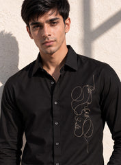 Black Cotton Satin Lounge Shirt With Abstract Thread Hand Embroidery