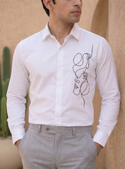 White Cotton Satin Lounge Shirt With Abstract Thread Hand Embroidery