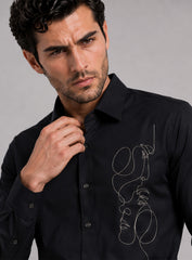 Black Cotton Satin Lounge Shirt With Abstract Thread Hand Embroidery
