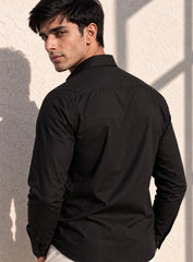 Black Cotton Satin Lounge Shirt With Abstract Thread Hand Embroidery