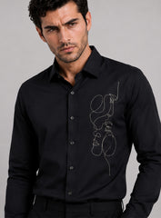 Black Cotton Satin Lounge Shirt With Abstract Thread Hand Embroidery