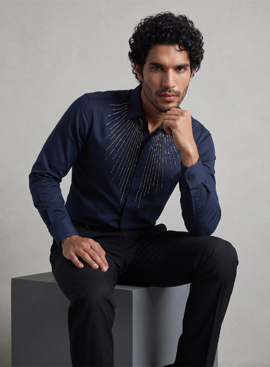 Blue Cotton Satin Lounge Shirt With Sunburst Bead Hand Embroidery