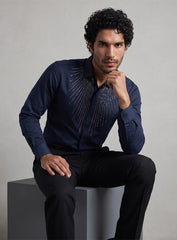 Blue Cotton Satin Lounge Shirt With Sunburst Bead Hand Embroidery