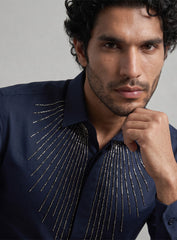 Blue Cotton Satin Lounge Shirt With Sunburst Bead Hand Embroidery