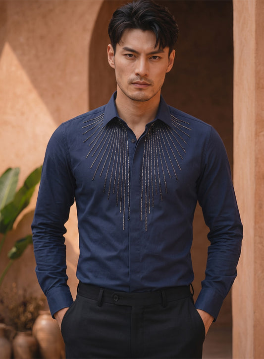 Blue Cotton Satin Lounge Shirt With Sunburst Bead Hand Embroidery