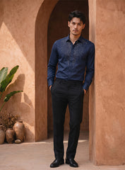 Blue Cotton Satin Lounge Shirt With Sunburst Bead Hand Embroidery
