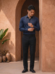 Blue Cotton Satin Lounge Shirt With Sunburst Bead Hand Embroidery