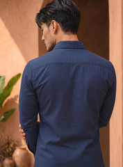 Blue Cotton Satin Lounge Shirt With Sunburst Bead Hand Embroidery